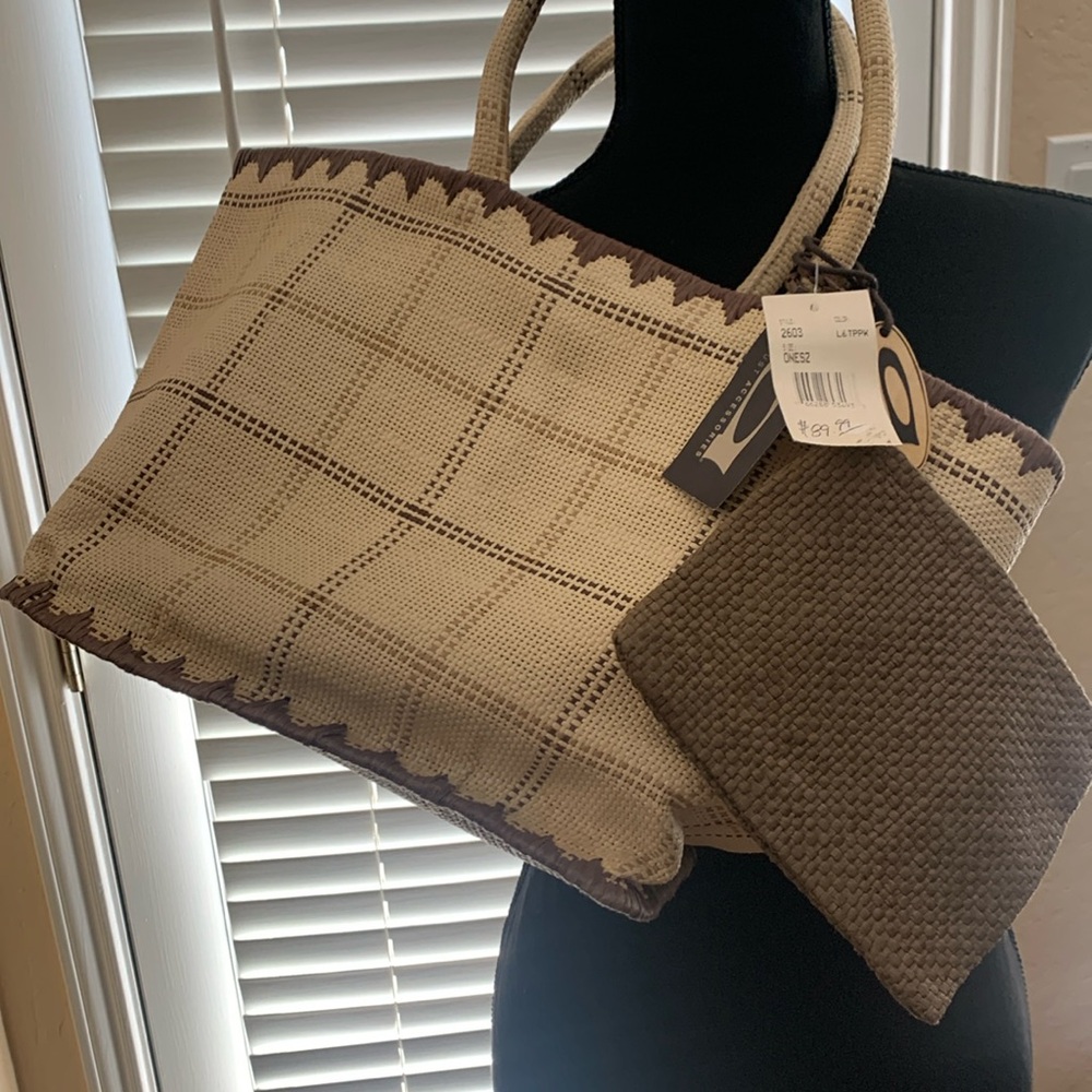August Accessories Cream and Brown Woven Tote Bag